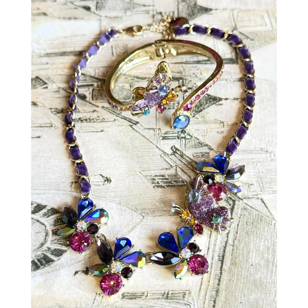 Betsey Johnson Multi-Stone Butterfly Crystal Necklace & Hinged Bracelet Set